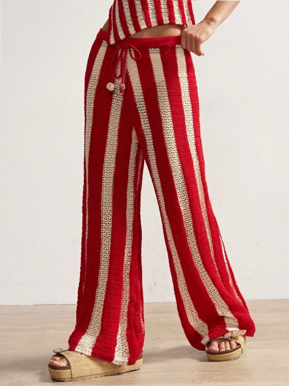 Red Casual Women's Boho Striped Wide Leg Knit Pants - Picture 6 of 8